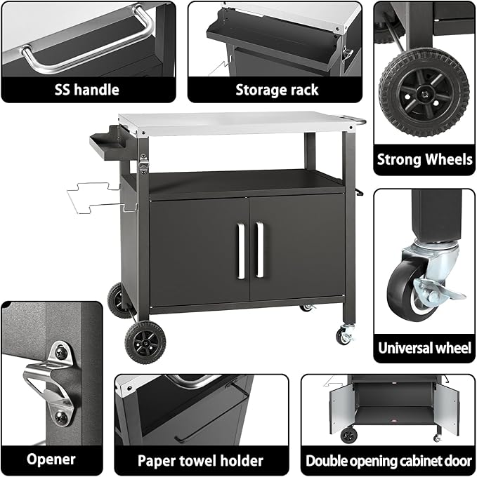 Grill Cart Table with Big Storage Cabinet, Movable Outdoor Dining Cart Pizza Oven Stand, Kitchen Cart Island Multifunction Food Prep Table Stainless Steel Surface