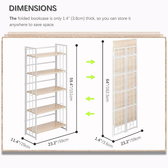 4NM No Assembly 5 Tiers Folding Bookshelf, 59.4" H Foldable Storage Shelves Vintage Bookcase Standing Racks Study Organizer Home Office - Natural White