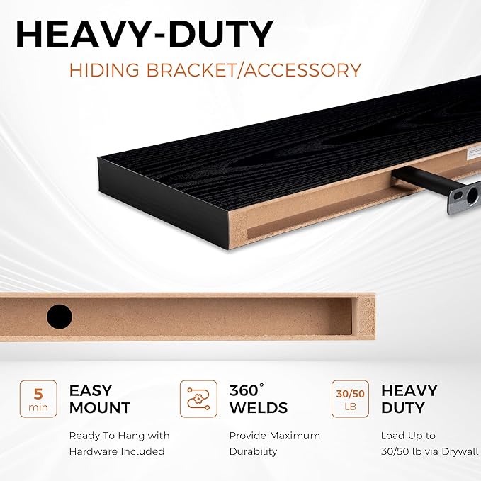 Fun Memories 36Inch Floating Shelves for Wall 2 Pack Wood Shelves for Kitchen, Bathroom, Bedroom Wall Mounted Rustic Wood Floating Shelf with Invisible Brackets for Books, Storage, Decor, Black