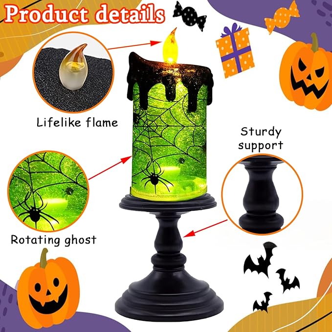 1.Halloween Snow Globe Tornado Flameless Candles Table Centerpiece for Celebration Party,Battery Operated LED Candle with 6 Hours Timer for Home Indoor Halloween Decoration (Spider)