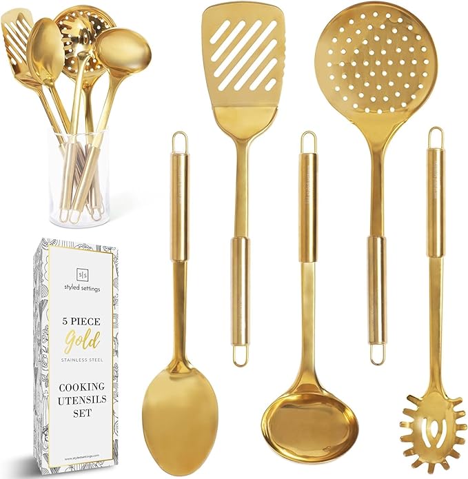 Gold Cooking Utensils Set – 5-Piece Stainless Steel Kitchen Tools for Modern Cooking and Serving – Dishwasher Safe Ladle, Spoon, Spatula, Pasta Fork, Luxury Brass Kitchen Accessories for Home Chefs