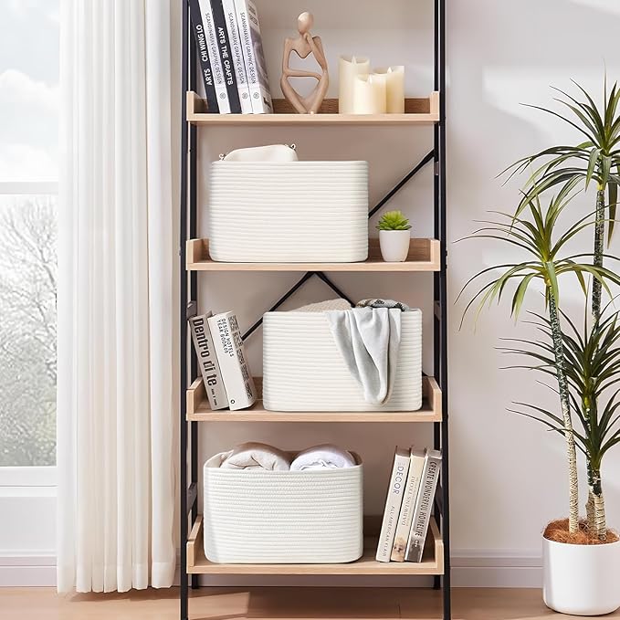3-Pack Shelf Baskets for Organizing, Woven Storage Basket for Shelves, Cotton Rope Storage Bins for Toys Books, Nursery Towel Baskets for Classroom, 14.96"X9.8"X8.85", White