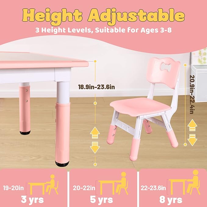 FUNLIO Kids Table and 4 Chairs Set, Height Adjustable Toddler Table and Chair Set for Ages 3-8, Easy to Wipe Arts & Crafts Table, for Classrooms/Daycares/Homes, CPC & CE Approved (5-Piece Set) - Pink