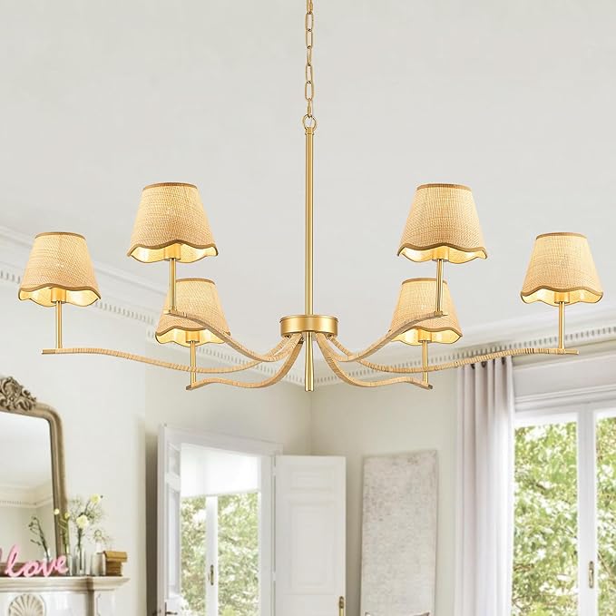 6 Light Boho Rattan Chandelier 44'' Brass Gold Chandelier Light Fixture Hand Woven Dining Room Chandeliers for Entryway Bedroom Living Room Bathroom