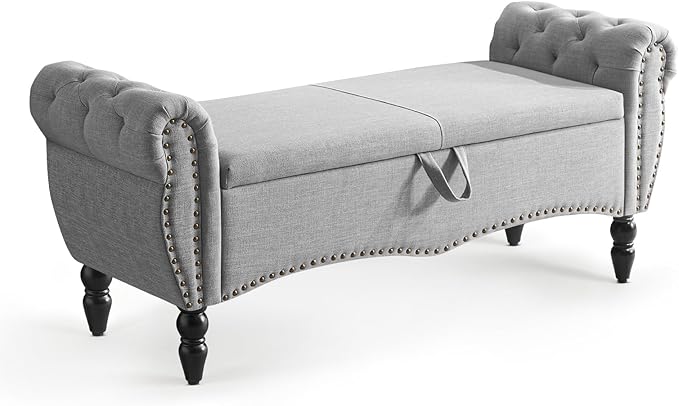Furniliving 51.75" Storage Ottoman Bench for Living Room, Modern Bedroom Bench with Rolled Arm Upholstered End of Bed Bench Shoe Storage Bench Indoor Bench with Wood Legs Entryway Bench,Grey, Linen