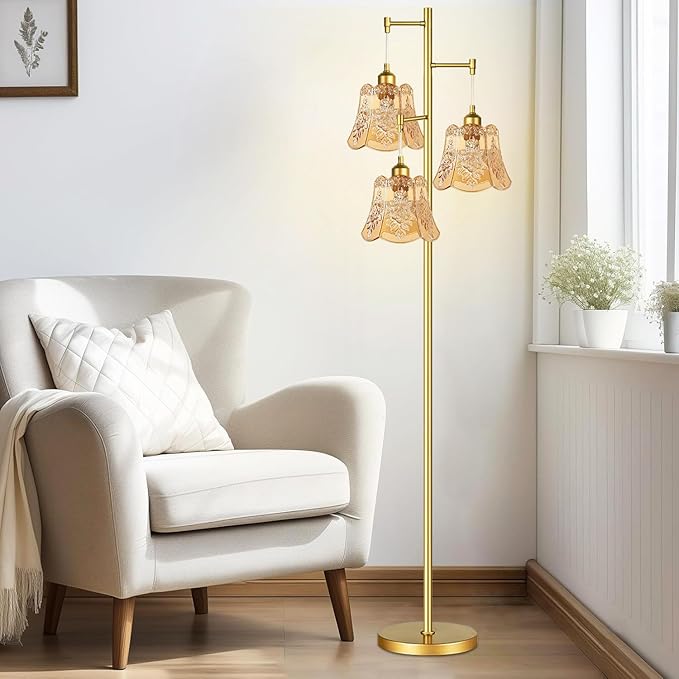 Gold Floor Lamp for Living Room,Bedroom,Tree 3 Light Standing Lamp Mid Century Modern Brass Tall Floor Lamps Vintage Retro Floor Lights Glass Green Flower Lamp Shade Farmhouse Boho Bohemian