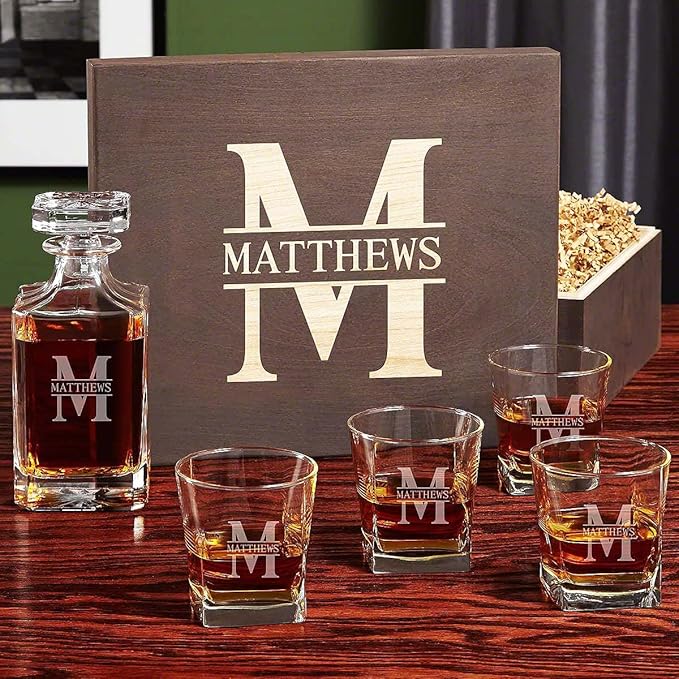Personalized Whiskey Decanter Set with 4 Glasses and Custom Wood Box - 9 Design Options - Bourbon Glass Set