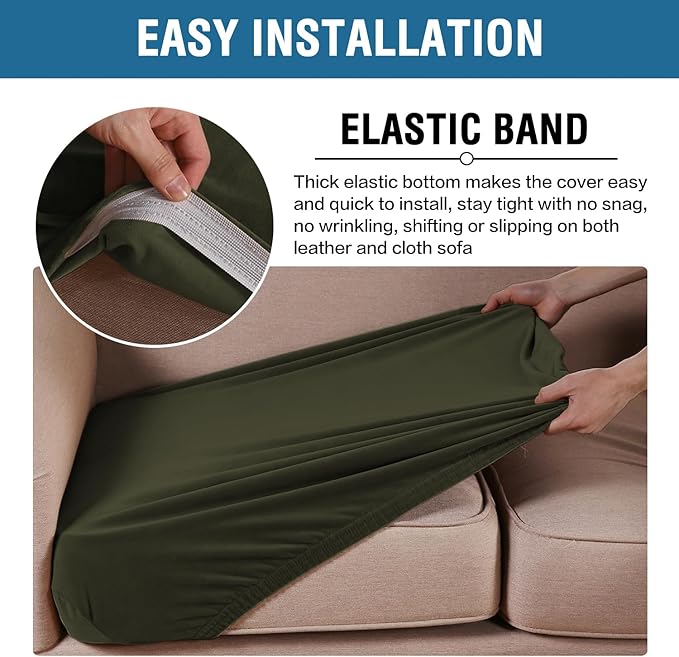 H.VERSAILTEX Velvet Stretch Couch Cushion Cover Plush Cushion Slipcover for Chair Loveseat Sofa Cushion Furniture Protector Seat Cushion Sofa Cover (3 Piece XL Sofa Cushion Covers, Olive)