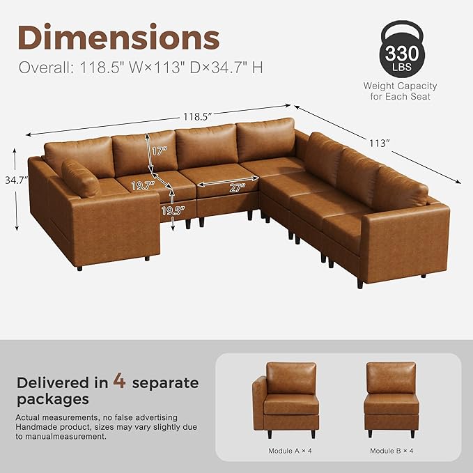 118.5" Faux Leather Modular Sectional Sofa, U Shaped Couch Set for Living Room, Large 8-Seater Comfy Cloud Couches with Storage Seat DIY Combination - Brown