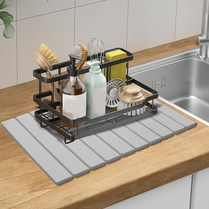 Large Stone Dish Drying Mats for Kitchen Counter, Quick Dry Absorbent Collapsible Dish Drying Mat,Diatomaceous Earth Mats for Dishes Bottles Cups,Match Any Countertop,Grey 24 * 16inch