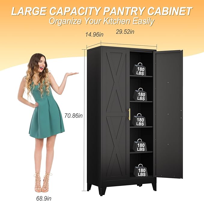 71" H Metal Kitchen Pantry Storage Cabinet, Freestanding Cupboard with 2 Doors and 4 Adjustable Shelves, Standing Storage for Kitchen, Bathroom, Garage, Dinning Room or Utility Room（Black）