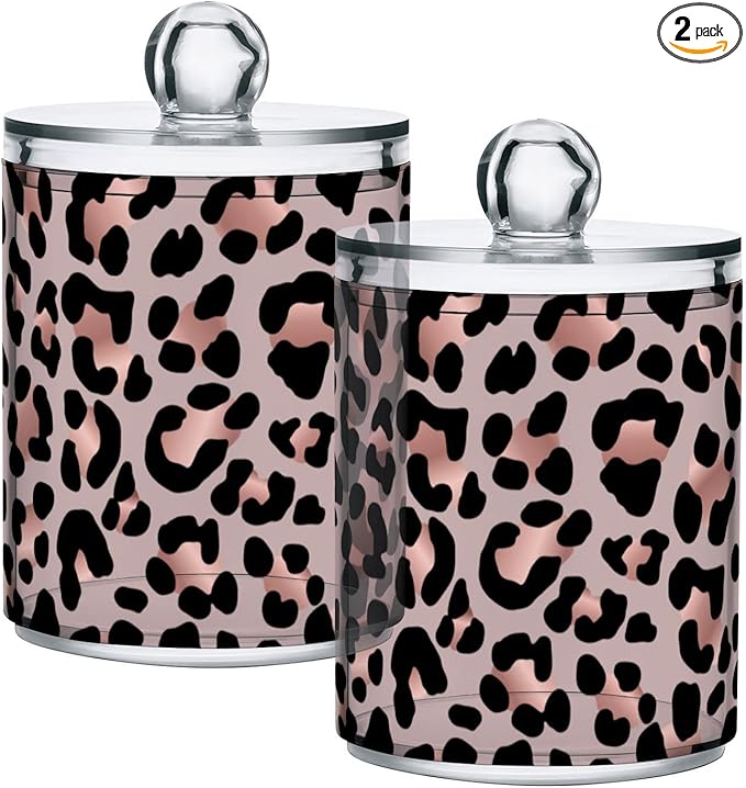 2 Pack Qtip Holder Dispenser Rose Gold Black Leopard Bathroom Storage Canister Lid Acrylic Plastic Apothecary Jar Set Vanity Makeup Organizer for Cotton Swab/Ball/Round Pads, Floss