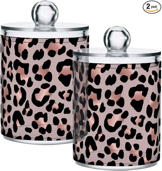 2 Pack Qtip Holder Dispenser Rose Gold Black Leopard Bathroom Storage Canister Lid Acrylic Plastic Apothecary Jar Set Vanity Makeup Organizer for Cotton Swab/Ball/Round Pads, Floss