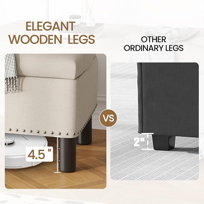 Furniliving 42” Ottoman Bench with Storage, Folding Storage Ottoman Benches with Wood Legs, Upholstered Bedroom Bench with Button-Tufted, Entryway Bench for Bedroom, Linen, Beige