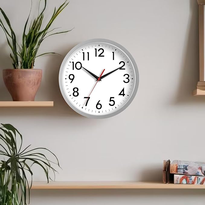 12 Inch Wall Clock Battery Operated Silent Non Ticking Analog Modern Decorative for Office Kitchen Outdoor Living Room Classroom Bedroom Bathroom School(Silver)