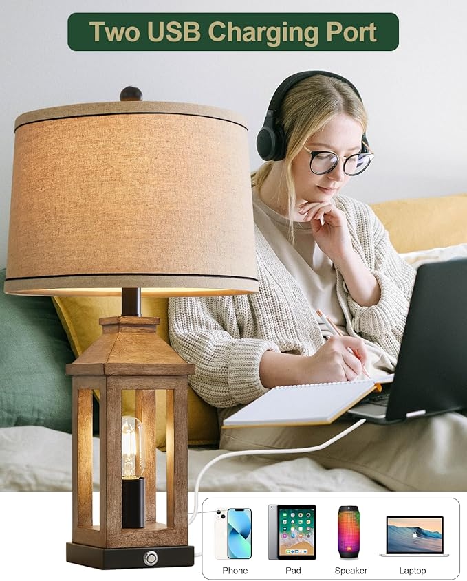 23.75" Farmhouse Table Lamps USB A+C Charging Ports 3-Way Dimmable Touch Control Lamp Nightlight Vintage Modern Lamp for Living Room Bedroom with 2 Light Sources