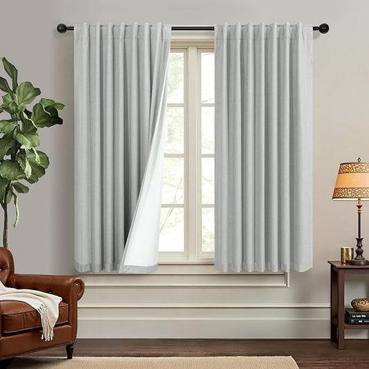 45 Inch Length Kitchen Blackout Curtains Set of 2 Back Tab Pleated Room Darkening Short Small Curtains for Bathroom Kids Room Nursery Bedroom 52x45 in Long Light Grey Gray Black Out Neutral Cottage
