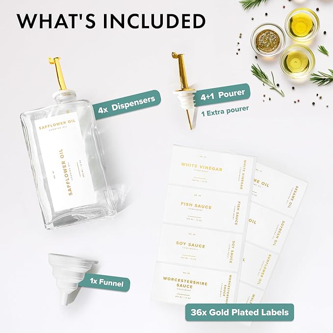 Glass Olive Oil Dispenser Bottle Set [4x12oz]: 36 Premium Gold Labels, Oil Dispenser for kitchen, Vinegar Bottle Set, Glass Dispensers for Soy Sauce, Syrup Bottles | Set of 4