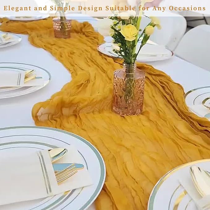 12 Pack Mustard 10FT Cheesecloth Table Runner Rustic Gauze Fabric Cheese Cloth Table Runner for Wedding Bridal Baby Shower Table Decor Boho Sheer Birthday Party Table Decorations 20 x 120 Inch Long