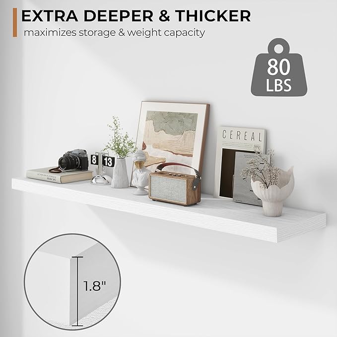 Fun Memories Floating Shelves - 12 Inch Rustic Wooden Wall Shelves - Extra Deeper & Thicker Wall Mounted Storage Shelf for Living Room, Kitchen, Farmhouse - 55" W x 12" D x 1.8" H - White
