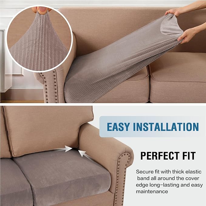 H.VERSAILTEX Velvet Stretch Couch Cushion Cover Plush Cushion Slipcover for Chair Loveseat Sofa Cushion Furniture Protector Seat Cushion Sofa Cover (3 Piece Sofa Cushion Covers, Taupe Striped)