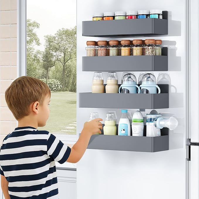 Magnetic Spice Rack for Refrigerator, Kitchen Organizer and Storage Shelf, Grey (4 Pack)…