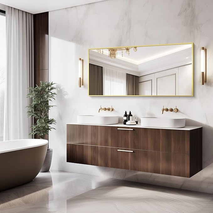 Gold Bathroom Mirror for Wall, 60x30 Inch Rectangle Mirrors with Metal Frame, Modern Vanity Wall Mirror Decor for Bathroom Living Room, Entryway Hangs Horizontal or Vertical