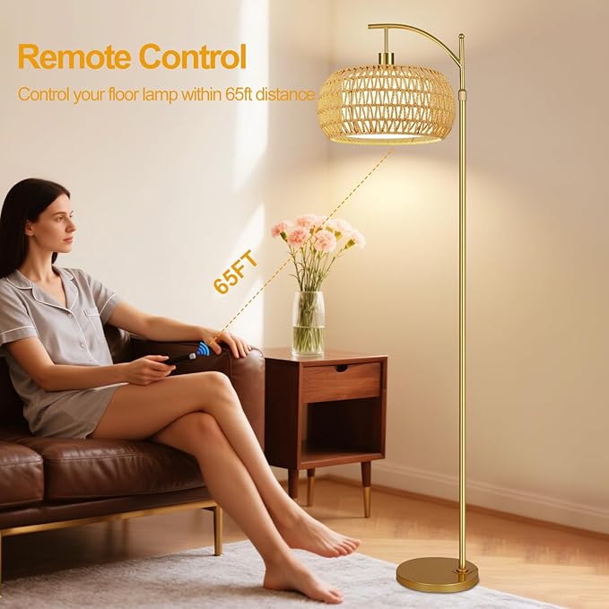 Gold Floor Lamps for Living Room Rattan Boho Floor Lamp with Remote Control,Dimmable Arc Floor Lamp Wicker LampShades Brass Standing Lamp with 3 Color Temperature Tall Floor Lamps For Bedroom Corner
