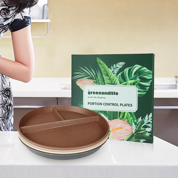 greenandlife 10 Inch 4PCS Unbreakable Portion Control Plates, Divided Plates for Kids Adults, Dishwasher & Microwave Safe Compartment Plate, Lightweight Reusable Wheat Straw Plate, Earth Tone