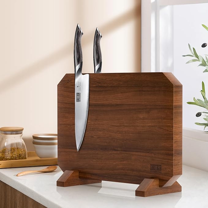 Magnetic Knife Block, Thickened Acacia Wood Kitchen Knife Holder Stand with Strong Magnets, Multifunctional Double Side Knife Storage Organizer for Kitchen Counter