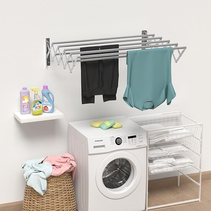 Guevara Wall Mounted Clothes Drying Rack,Stainless Steel Foldable Drying Rack for Laundry Room/Bathroom Tower，Easy to Install 31-inch Rod, 120 lbs Large Capacity- Indoor and Outdoor Use