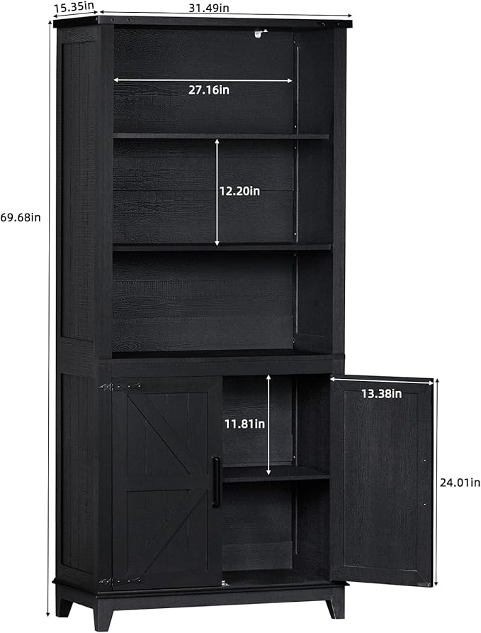 70in Tall Bookshelf 5 Tier Bookcase with Barn Doors and Adjustable Shelves, Black Farmhouse Book Shelf with Storage Cabinet, Wood Freestanding Display Bookshelves for Bedroom, Kitchen (2PCS)