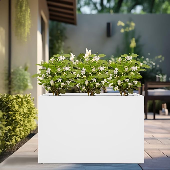 Galvanized Steel Planter Box-No Installation Required Metal Rectangular Block Long Box Planter Modern Outdoor Planters All-Weather Use with Drainage Holes for Patio/Porch, 36×24×12IN（White）