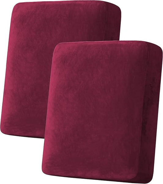 H.VERSAILTEX Velvet Stretch Couch Cushion Cover Plush Cushion Slipcover for Chair Loveseat Sofa Cushion Furniture Protector Seat Cushion Sofa Cover (2 Piece Medium Sofa Cushion Covers, Burgundy)