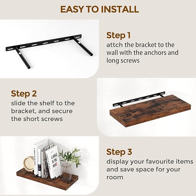 Fun Memories 32 Inch Floating Shelves, Farmhouse Wood Floating Shelf Set of 2, 32 x 9 Floating Shelf Wall Mounted, Deep Storage Display Shelves for Kitchen, Bedroom, Living Room, Rustic Brown Color