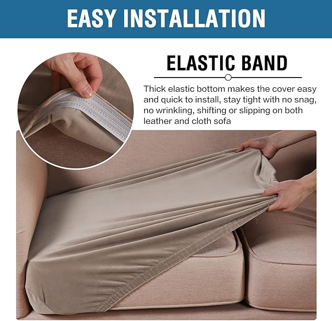 H.VERSAILTEX Velvet Stretch Couch Cushion Cover Plush Cushion Slipcover for Chair Loveseat Sofa Cushion Furniture Protector Seat Cushion Sofa Cover (3 Piece Sofa Cushion Covers, Taupe)