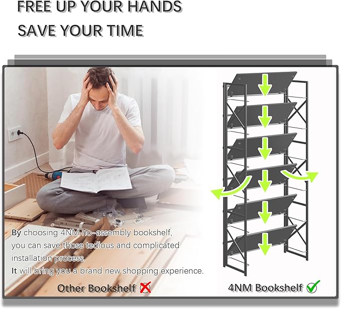 4NM 6 Tiers No Assembly Book Shelves, 61.8" H Folding Bookshelf Bookcase Open Industrial Foldable Shelves for Bedroom, Living Room, Home Office - All Black