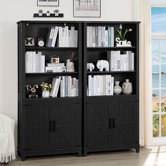 70in Tall Bookshelf 5 Tier Bookcase with Barn Doors and Adjustable Shelves, Black Farmhouse Book Shelf with Storage Cabinet, Wood Freestanding Display Bookshelves for Bedroom, Kitchen (2PCS)