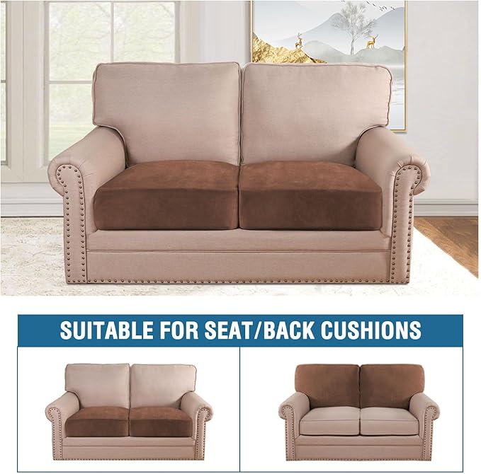 H.VERSAILTEX Velvet Stretch Couch Cushion Cover Plush Cushion Slipcover for Chair Loveseat Sofa Cushion Furniture Protector Seat Cushion Sofa Cover (2 Piece Large Sofa Cushion Covers, Caramel)