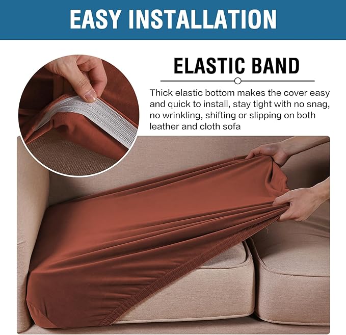 H.VERSAILTEX Velvet Stretch Couch Cushion Cover Plush Cushion Slipcover for Chair Loveseat Sofa Cushion Furniture Protector Seat Cushion Sofa Cover (2 Piece Large Sofa Cushion Covers, Rust)