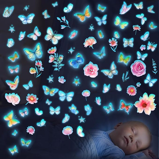 Glow in The Dark Butterfly Flower Wall Decals Glowing Luminous Butterflies Removable Self-Adhesive Wall Stickers for Girls Bedroom Nursery Living Room Decor 4 Sheets (Butterfly 3)