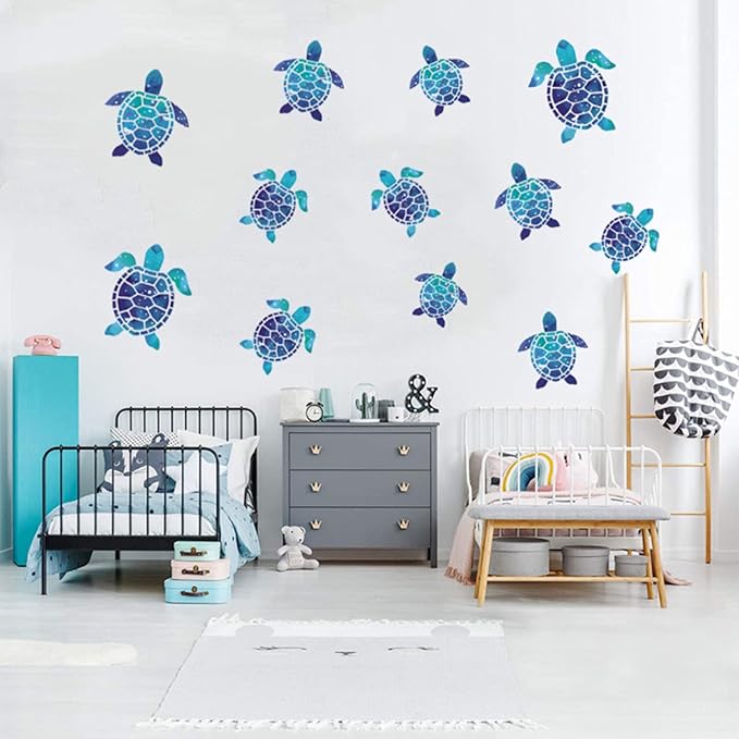 12pcs Sea Turtle Vinyl Stickers Underwater Ocean Decals Waterproof Wall Sticker Home and Bedroom Decoration, DIY Accessories, Blue