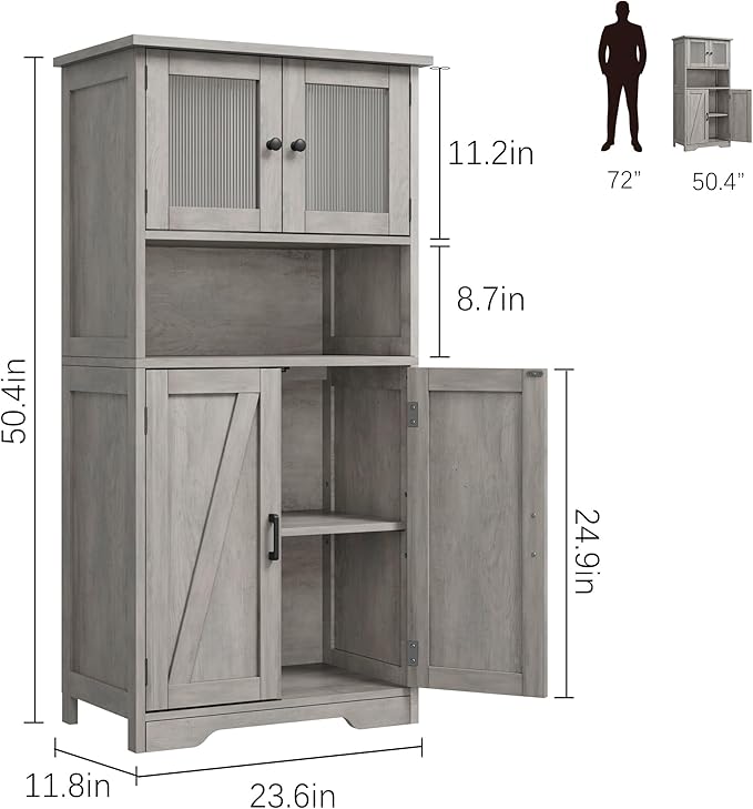 GarveeHome 54in Tall Bathroom Cabinet, Farmhouse Storage Cabinet with Glass Doors and Adjustable Shelves, Freestanding Kitchen Pantry Cabinets, Cupboard for Living Room, Dining Room, Gray