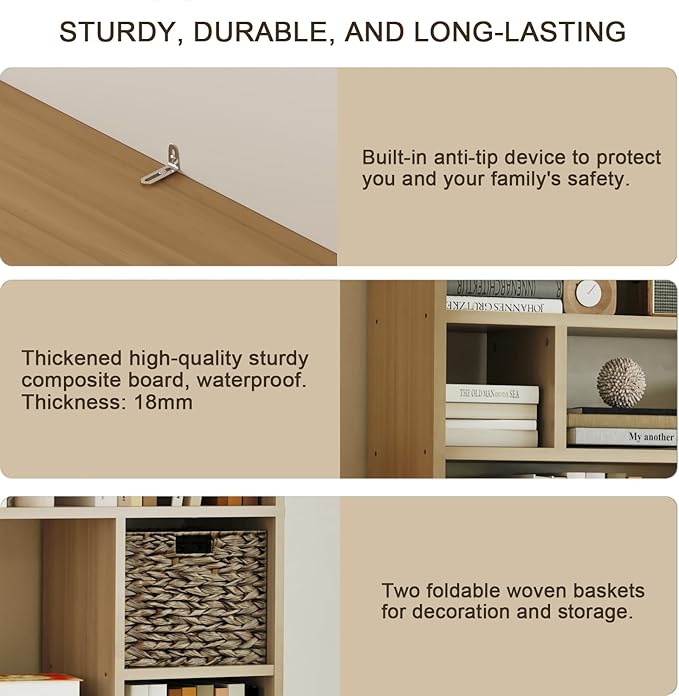 71" Tall 6-Tier Heavy Duty Bookcase with 2 Foldable Storage Baskets, 55" Wide Open Bookshelf with 16 Irregular Cubes for Living Room, Office （Yellow）