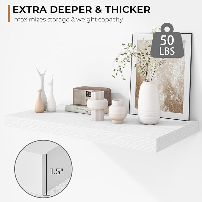 Fun Memories Floating Shelves - 2 Pack 12 Inch Deep Rustic Wooden Wall Shelves - Extra Deeper & Thicker Wall Mounted Storage Shelf for Living Room, Kitchen, Farmhouse - 24" W x 12" D x 1.5" H - White