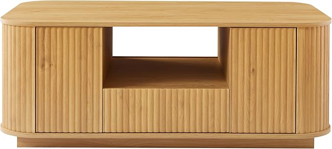 46.5" Oval Coffee Table with Drawers and Storage Mid Century Modern Fluted Solid Wood Side Coffee Tables, Luxury Tea Table Center Table for Living Rooms Offices Apartmen, Natural