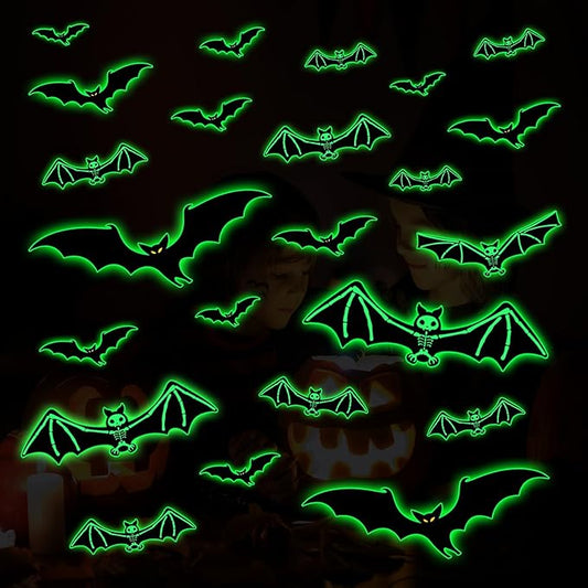 3 Sheets Glow in The Dark Halloween Skeleton Bat Decals Luminous Halloween Skeleton Bat Stickers Removable Bat Wall Decor Glowing Window Clings for Scary Halloween Theme Party Decorations