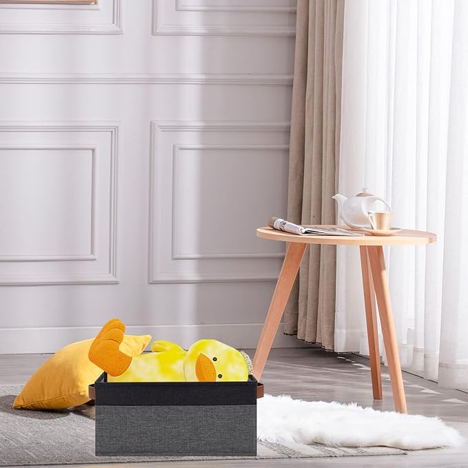 GhvyenntteS Small Fabric Storage Bins 12 Pack, 11.8" x 7.87" x 5.11" Storage Basket with Leather Handles, Closet Storage Bins for Shelves, Storage Baskets for Shelves, DVD Storage (Grey/Black)