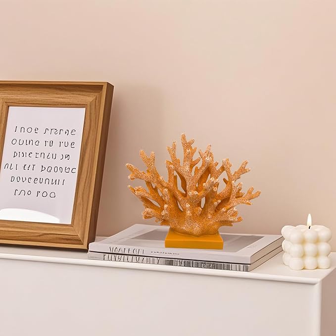 5.8" H Orange Coral Decor - Resin Coral Statue, Nautical Decor for Home, Bedroom, Bathroom, Living Room, Ocean Themed Cabinet Shelf Tabletop Decoration