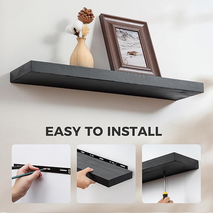 Fun Memories Handcrafted European Pine Floating Shelves - Natural Rustic Wooden Wall Shelf Set of 2-24 Inch Storage Shelf Display Shelf for Kitchen Bathroom Living Room Bedroom Farmhouse - Black